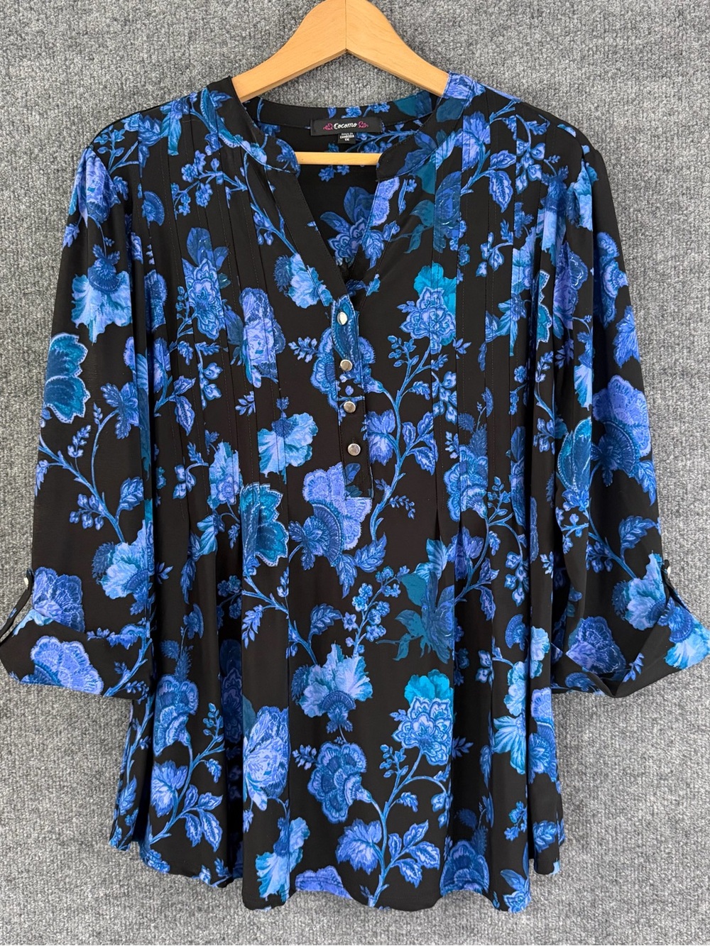 Cocomo Womens 1X Floral Top 3/4 Sleeve Black Blue Purple Office Casual Stretch